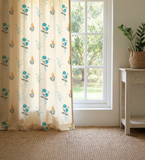 Blue Cotton Floral 7 Ft Eyelet Door Curtains (Set Of 2)