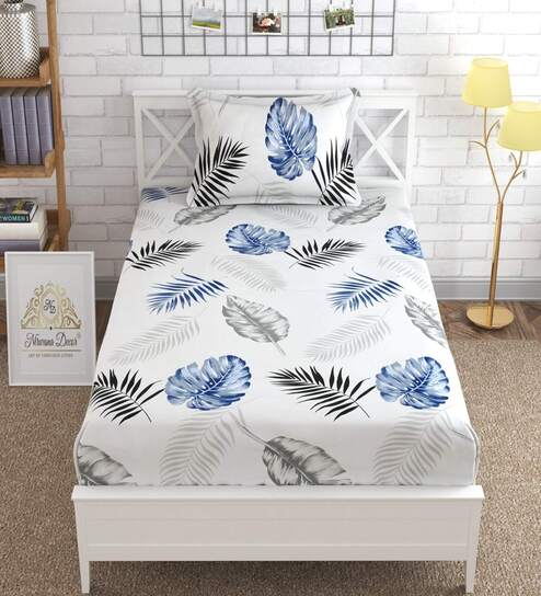 White Floral 280 TC Microfibre Fitted Single Bedsheet 1 Pillow Cover