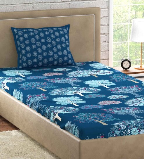 Blue Floral 300 TC 100% Cotton Single Bed Sized Bed Sheets With 1 Pillow Cover by Petal Home