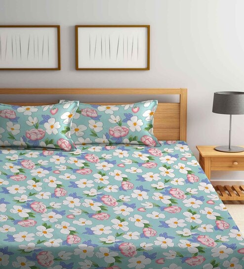 Blue Floral 300 TC Cotton Blend Double King Sized Bedsheet With 2 Pillow Covers