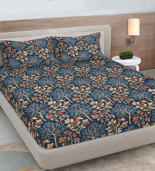 Blue Floral 300 TC Cotton Blend King Size Double Bedsheet with 2 Pillow Covers