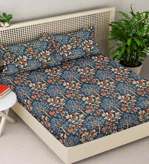 Blue Floral 300 TC Cotton Blend King Size Fitted Double Bedsheet with 2 Pillow Covers