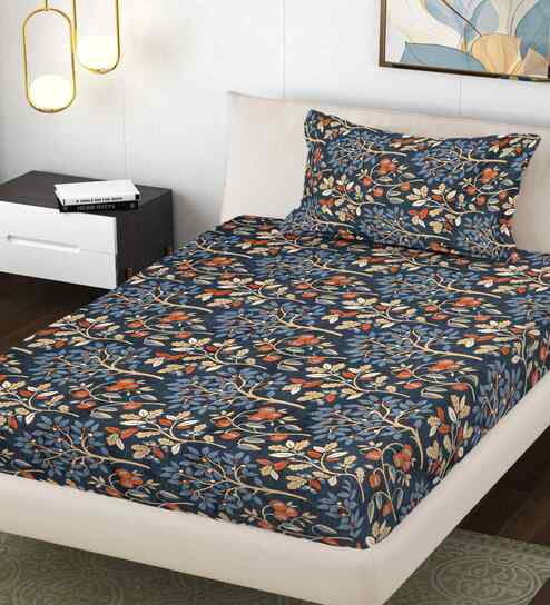 Blue Floral 300 TC Cotton Blend Single Bedsheet with 1 Pillow Cover