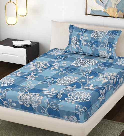Blue Floral 300 TC Cotton Blend Single Bedsheet with 1 Pillow Cover