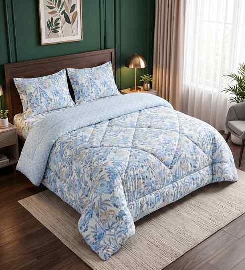 Blue Floral 4 Pcs Comforter Set With Queen Size Bedsheet With 2 Pillow Covers-image-2