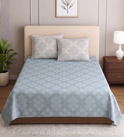 Blue Floral 400 TC Single Bedsheet with 2 Pillow Covers Luxury Series Collection