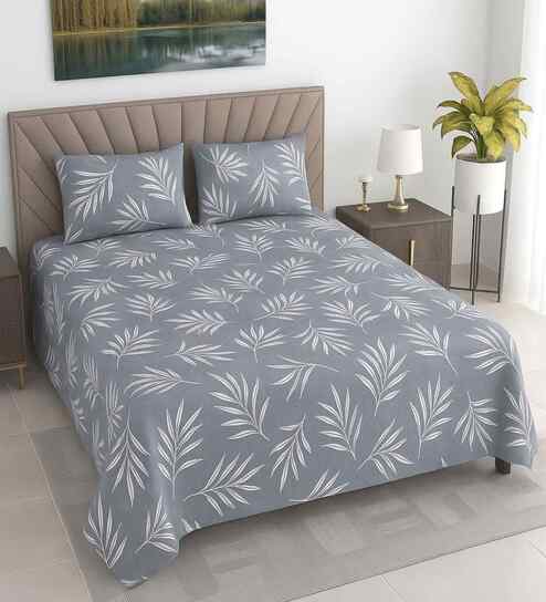 Blue Floral 400 TC Cotton Queen Flat Bedsheet with 2 Pillow Covers Essential Collection