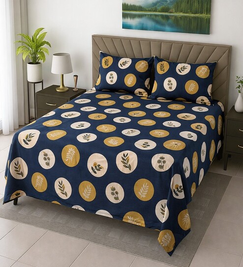 Blue Floral 400 TC Cotton Superking Size Bedsheet With 2 Pillow Covers