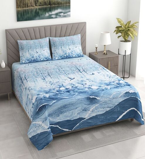 Blue Floral 400 TC Cotton Superking Size Bedsheet With 2 Pillow Covers Threads Digital Collection