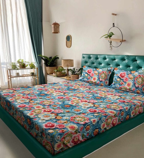 Blue Floral 7D King Size Cotton Blend Double Bedsheet with 2 Pillow Covers