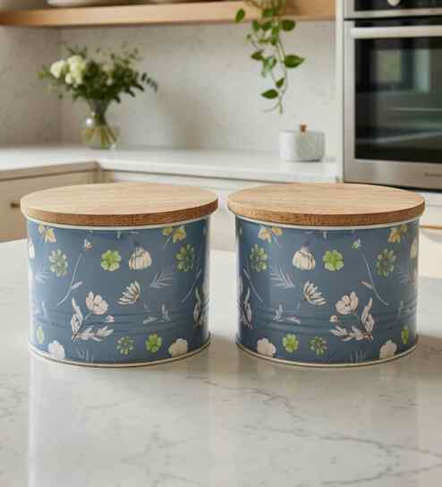 vareesha Blue Floral Chevron Printed Metal Airtight Containers With Wooden Lids Set Of 2-picture-45