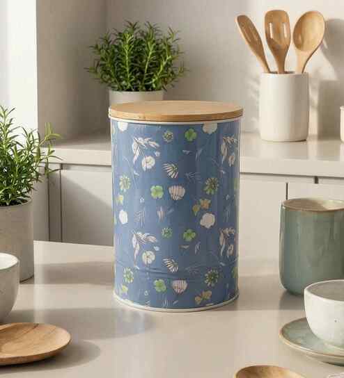 vareesha Blue Floral Chevron Printed Metal Airtight Storage Container With Wooden Lid-picture-40