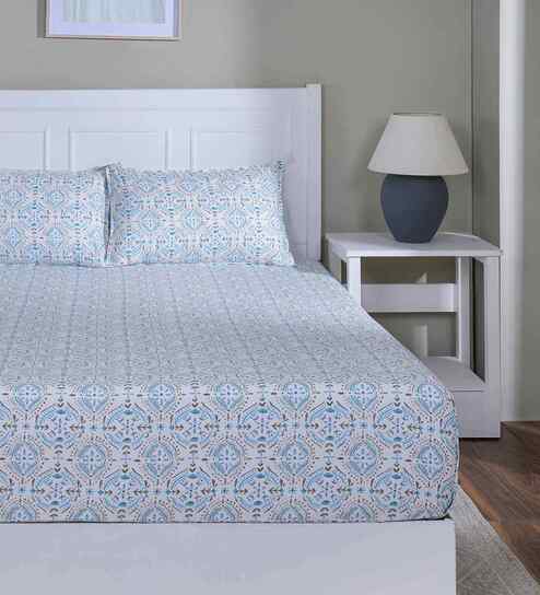 Blue Floral Print 144 TC Cotton Double Bed Fitted Sheet with 2 Pillow Case Sensory Bloom Collection