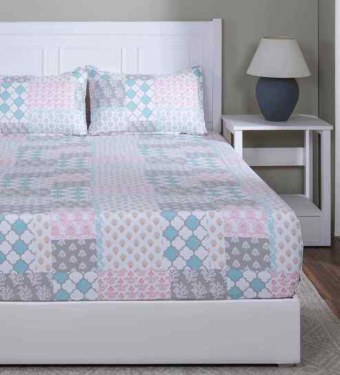 Blue Floral Print 144 TC Cotton Double Bed Fitted Sheet with 2 Pillow Case Sensory Bloom Collection