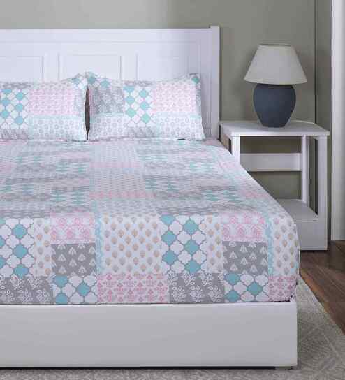 Blue Floral Print 144 TC Cotton Single Bed Fitted Sheet with 1 Pillow Cover Sensory Bloom Collection