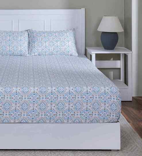 Blue Floral Print 144 TC Cotton Single Bed Fitted Sheet with 1 Pillow Cover Sensory Bloom Collection