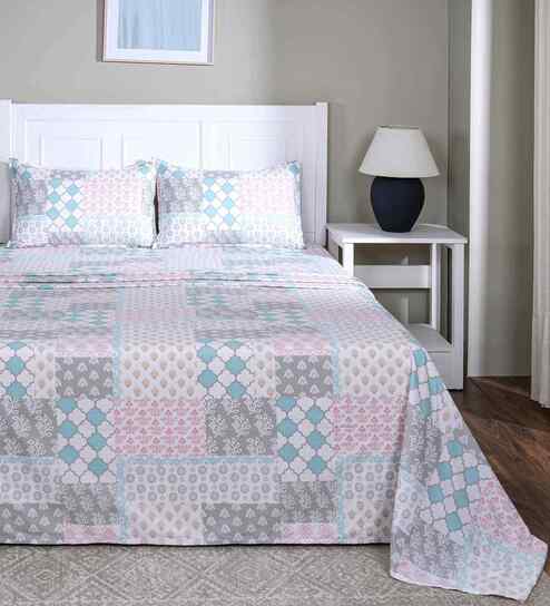 Blue Floral Print 144 TC Cotton Single Bed Sheet with 1 Pillow Cover Sensory Bloom Collection