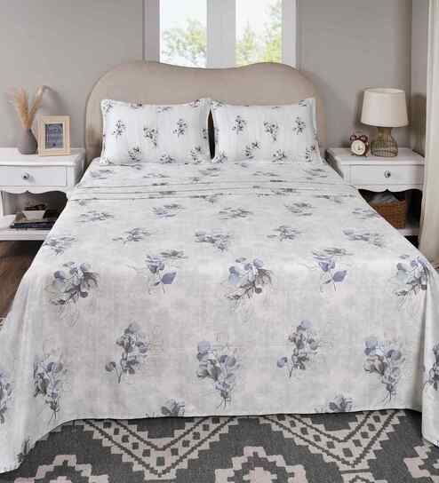 Blue Floral Print 300 TC Cotton Double Bed Sheet with 2 Pillow Covers Sensory Bloom Collection