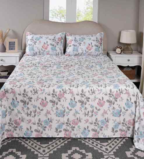 Blue Floral Print 300 TC Cotton Double Bed Sheet with 2 Pillow Covers Sensory Bloom Collection