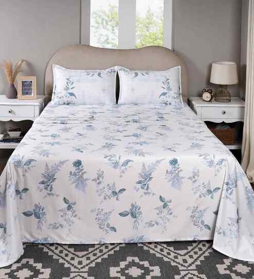 Blue Floral Print 300 TC Cotton Double Bed Sheet with 2 Pillow Covers Sensory Bloom Collection