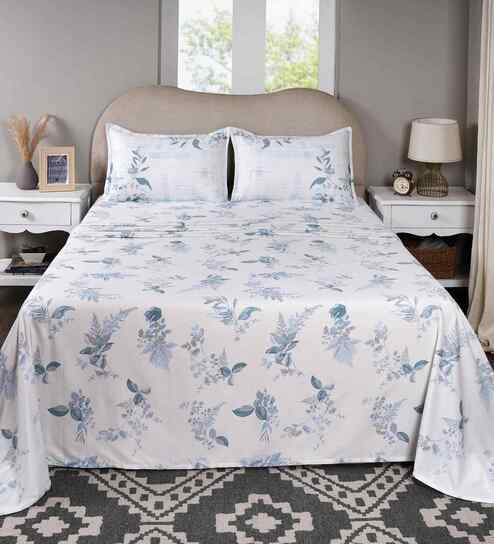 Blue Floral Print 300 TC Cotton King Size Bed Sheet with 2 Pillow Covers Sensory Bloom Collection