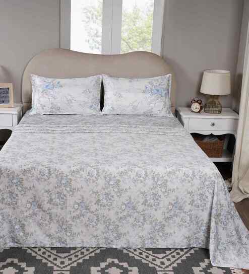 Blue Floral Print 300 TC Cotton King Size Bed Sheet with 2 Pillow Covers Sensory Bloom Collection