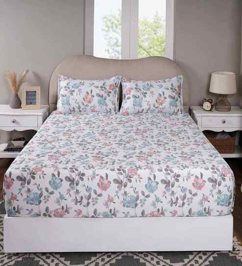 Blue Floral Print 300 TC Cotton Single Bed Fitted Sheet with 1 Pillow Cover Sensory Bloom Collection