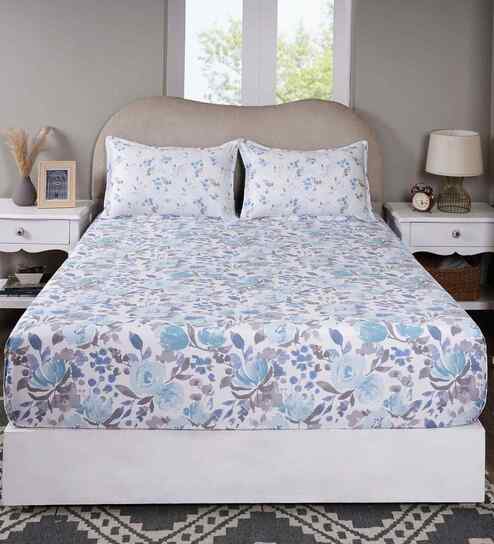 Blue Floral Print 300 TC Cotton Single Bed Fitted Sheet with 1 Pillow Cover Sensory Bloom Collection