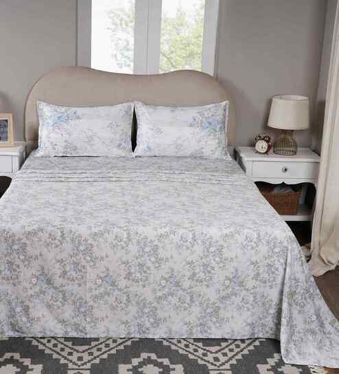 Blue Floral Print 300 TC Cotton Single Bed Sheet with 1 Pillow Cover Sensory Bloom Collection