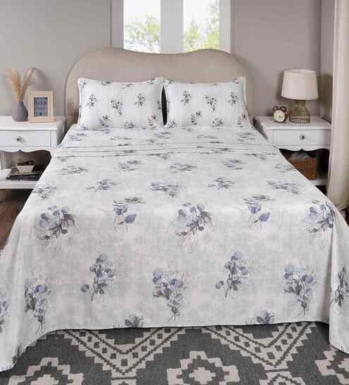 Blue Floral Print 300 TC Cotton Single Bed Sheet with 1 Pillow Cover Sensory Bloom Collection