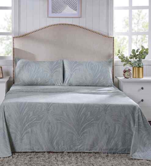 Blue Floral Print 400 TC Cotton King Size Bed Sheet with 2 Pillow Covers Classical Ornate Collection
