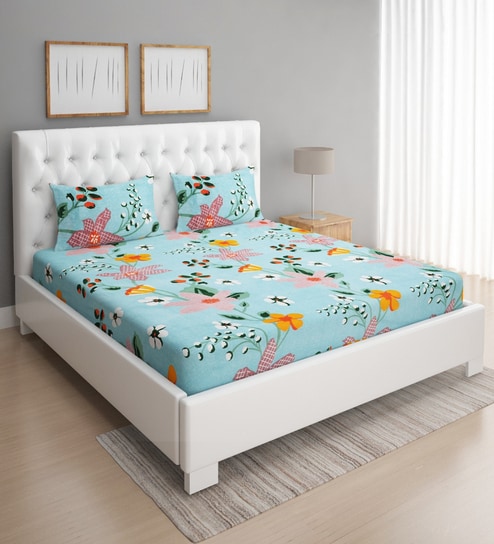 Blue Floral 144 TC Microfiber Double Sized Bedsheet With 2 Pillow Covers