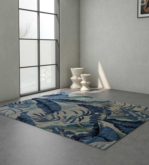 Blue Floral Wool 6 ft x 9 ft Hand Knotted Carpet