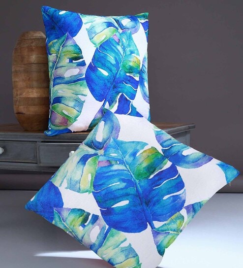 Blue Chenille Floral 24x24 inches Cushion Cover (2Pc)