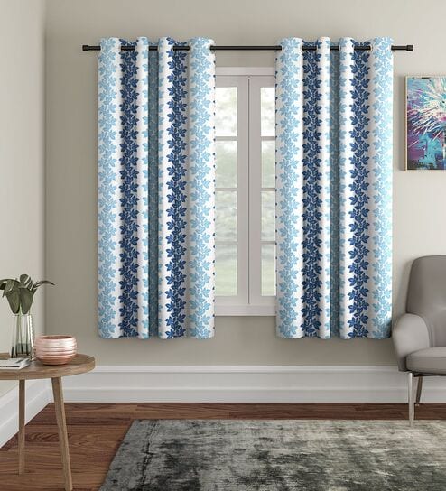 Blue Floral Polyester 5Ft Semisheer Eyelet Window Curtains (Set Of 2)