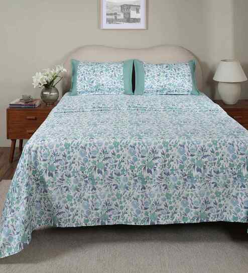 Blue Fruit Print 200 TC Cotton King Size Bed Sheet with 2 Pillow Covers Sensory Bloom Collection