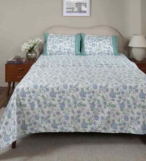 Blue Fruit Print 200 TC Cotton King Size Bed Sheet with 2 Pillow Covers Sensory Bloom Collection