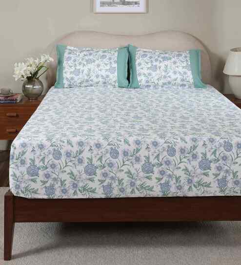 Blue Fruit Print 200 TC Cotton Single Bed Fitted Sheet with 1 Pillow Cover Sensory Bloom Collection