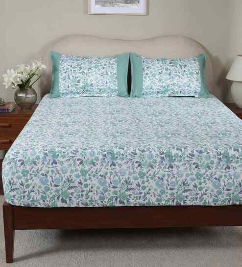Blue Fruit Print 200 TC Cotton Single Bed Fitted Sheet with 1 Pillow Cover Sensory Bloom Collection