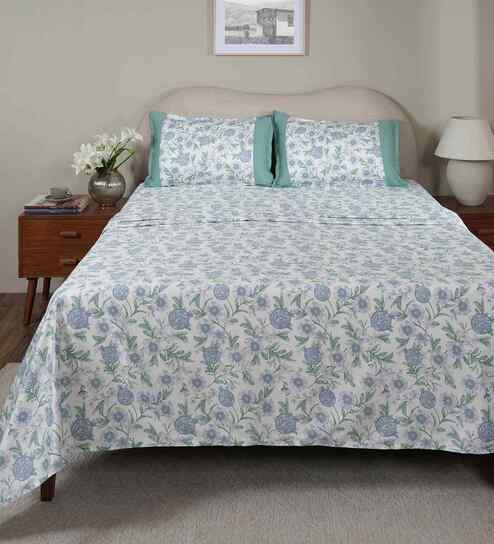 Blue Fruit Print 200 TC Cotton Single Bed Sheet with 1 Pillow Cover Sensory Bloom Collection