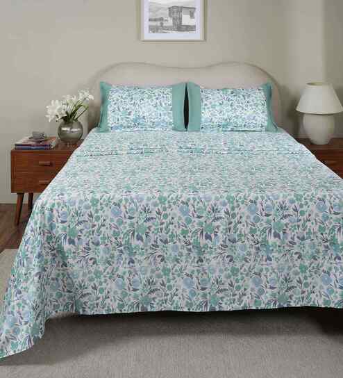 Blue Fruit Print 200 TC Cotton Single Bed Sheet with 1 Pillow Cover Sensory Bloom Collection