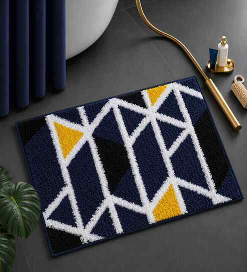 Blue Geomatric Microfibre 24X16 Inches Anti-Skid Bath Mat