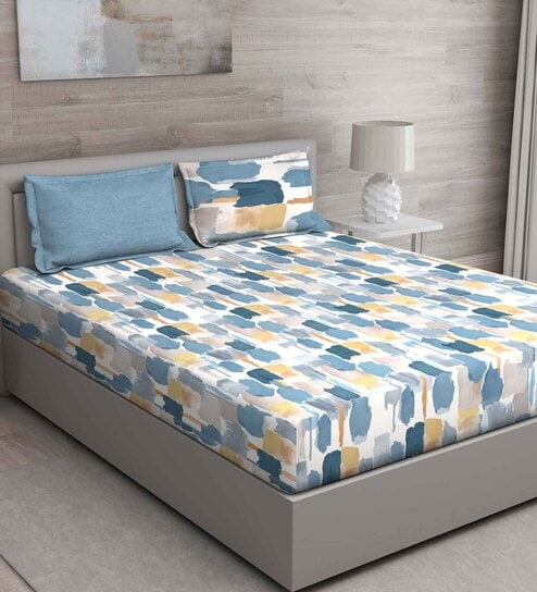 Blue Geometric 144 TC Cotton King Sized Bed Sheets with 2 Pillow Covers by GM Fabrics
