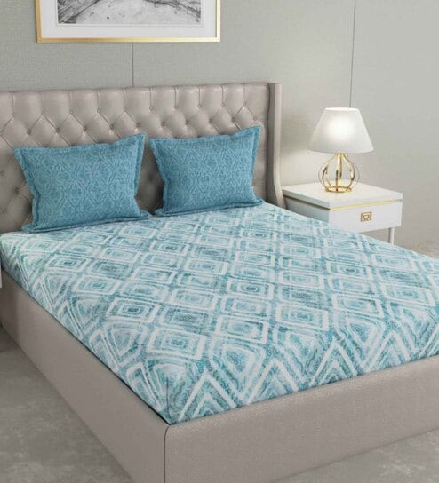 Blue Geometric 144 TC Cotton Queen Sized Bed Sheets with 2 Pillow Covers by GM Fabrics
