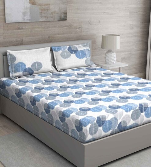 Blue Geometric 144 TC Cotton Queen Sized Bed Sheets with 2 Pillow Covers by GM Fabrics