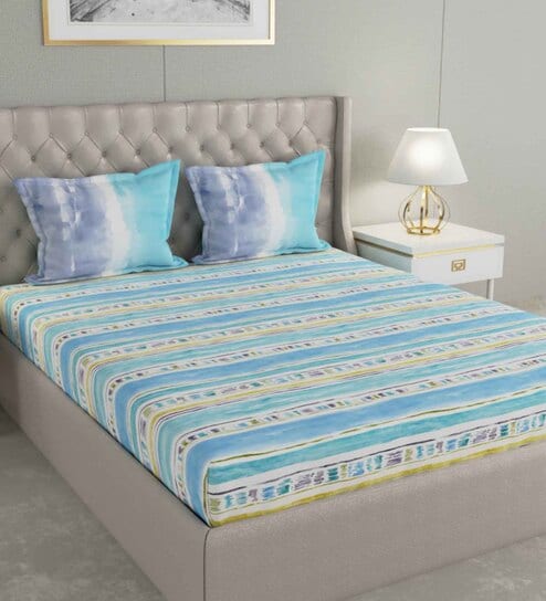 Blue Striped 144 TC Cotton Queen Sized Bed Sheets with 2 Pillow Covers by GM Fabrics