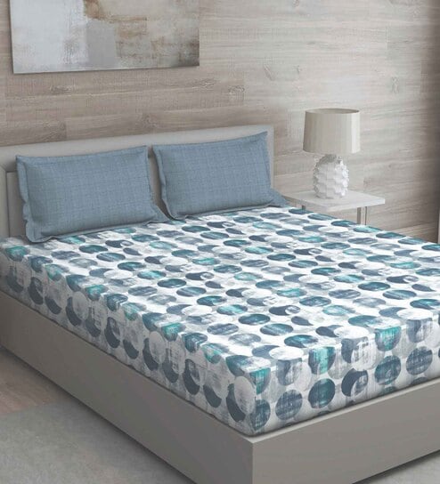 Blue Geometric 144 TC Cotton Queen Sized Bed Sheets with 2 Pillow Covers by GM Fabrics