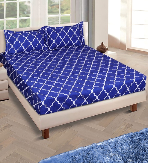 Blue Geometric 144 TC Glace Cotton Queen Sized Double Bedsheet with 2 Pillow Covers