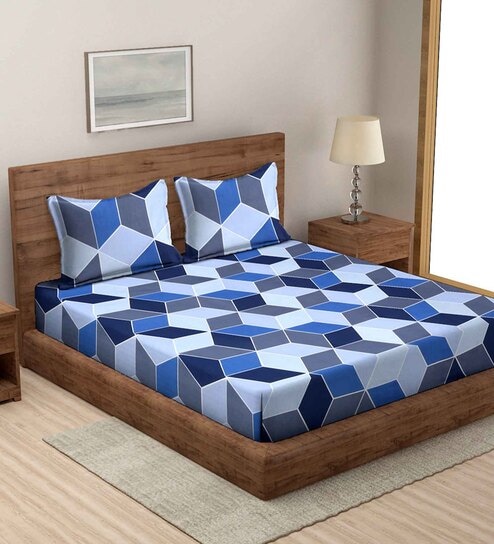 Blue Geometric 144 TC Microfiber Double King Sized Bedsheet With 2 Pillow Covers