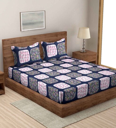 Blue Floral 144 TC Microfiber Double King Sized Bedsheet With 2 Pillow Covers